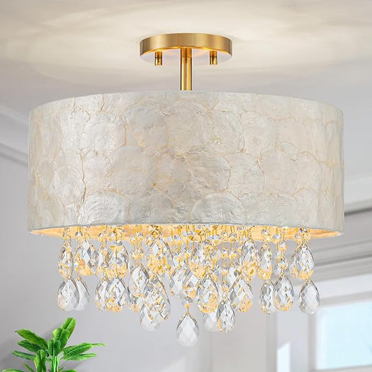 4-Lights Drum Capiz Shell Crystal Chandeliers, Coastal Design Semi-Flushmount Ceiling Light Fixture for Dining Room, Bedroom, D16xH16 inch, Shell Lampshade & Gold Finish