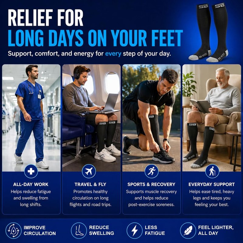SB SOX Compression Socks for Men & Women (20-30mmHg) – Best Compression Socks for Flying, Medical, Sports, Wide Calf Fit, and Daily Wear (Black/Gray, Large)