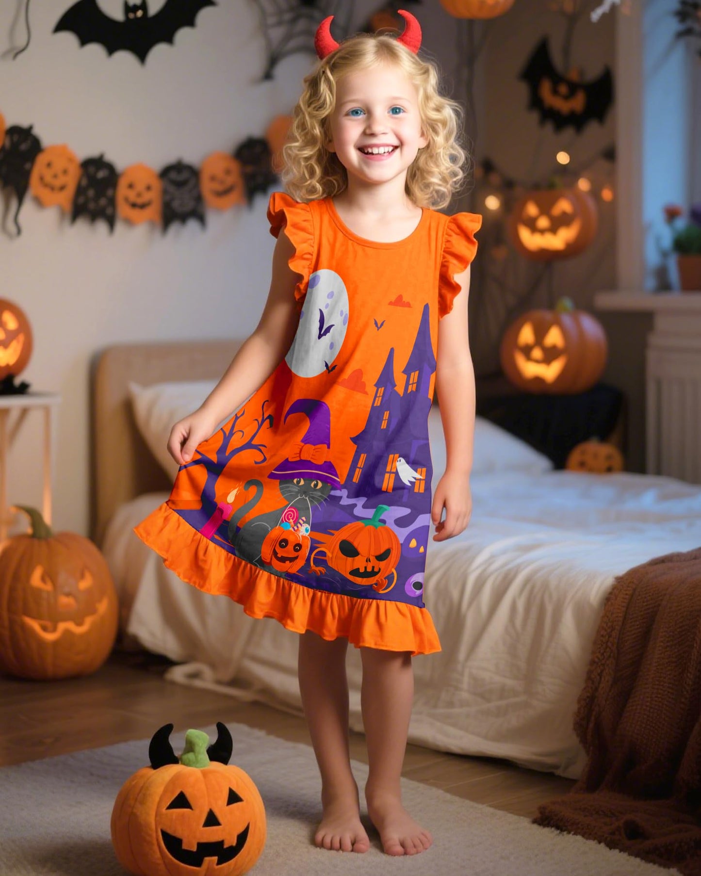 Sylfairy Girls Halloween Nightgown, Ghost Toddler Nightgown Princess Pajama Dresses for Girls Sleepwear Nightie Orange Size 6 Size 7