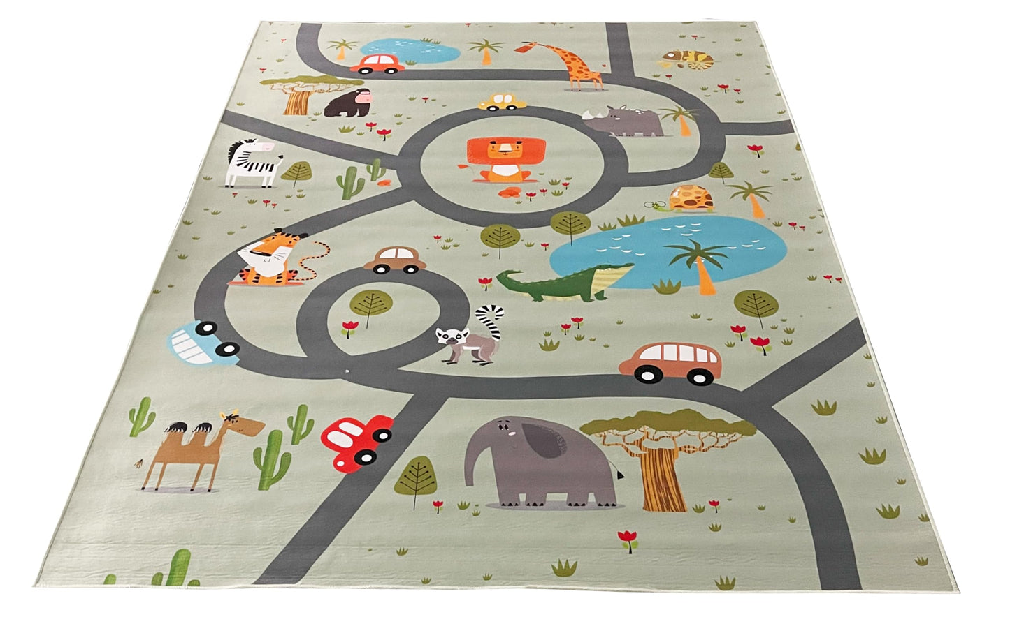 the carpet Happy Life Play mat, washable, for children's rooms, designs: street, road, jungle, animals and cars, green-2, 80 x 150 cm
