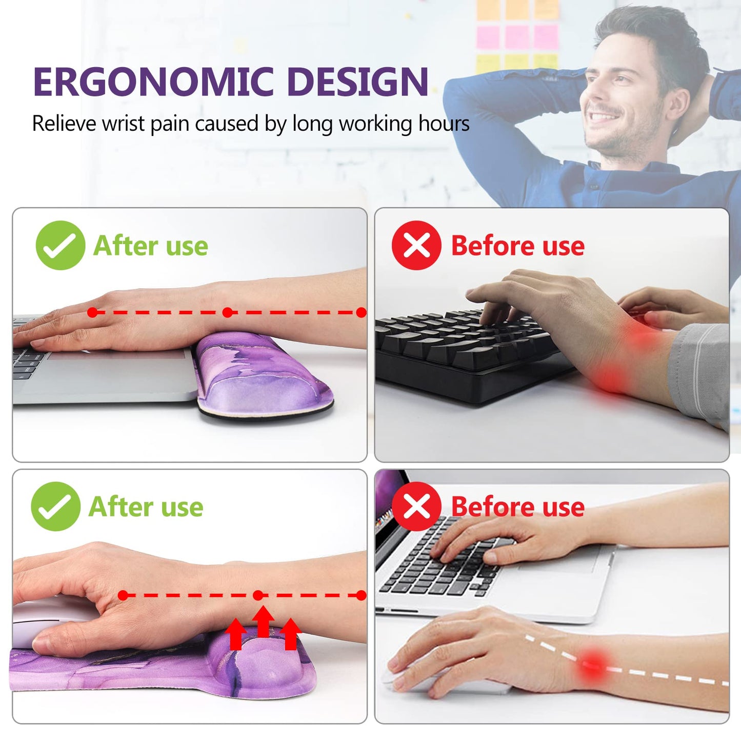 AIMSA Ergonomic Keyboard Wrist Rest and Mouse Pad with Wrist Support Set, Memory Foam Non-Slip Rubber Base, for Home, Office, Easy Typing, Pain Relief, Purple Marble