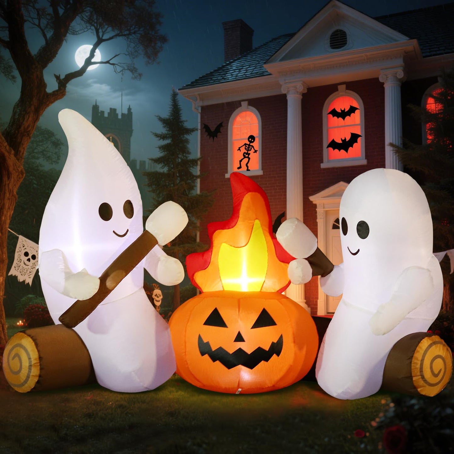 DomKom 6FT Halloween Inflatable Blow Up Decorations, Cute Ghosts Roasting Marshmallows Over Campfire, Built-in LEDs for Holiday Party, Garden, Lawn, Yard, Patio Décor