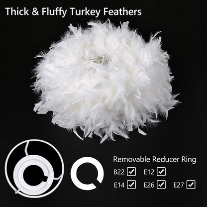 Waneway 40cm White Feather Ceiling Pendant Light Shade, Non-Electrical Lampshade for Floor Lamp and Table Lamp with Shade Reducing Ring for Living Room, Dining Room and Bedroom, ID 30cm, OD 40cm