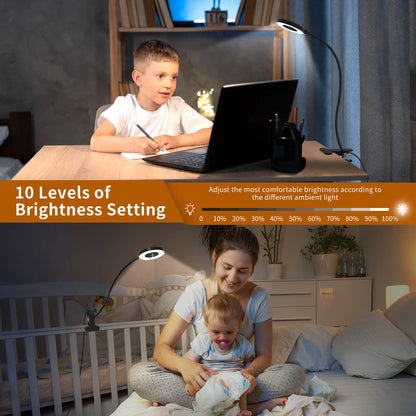 iZELL LED Desk Lamp with USB Adapter【3 Color Modes 10 Brightness】 Eye Caring Clip on Clamp Light, 40cm Flexible Gooseneck Book Ring Light for Gaming/Video Conference/Reading, Clip on Table, Headboard