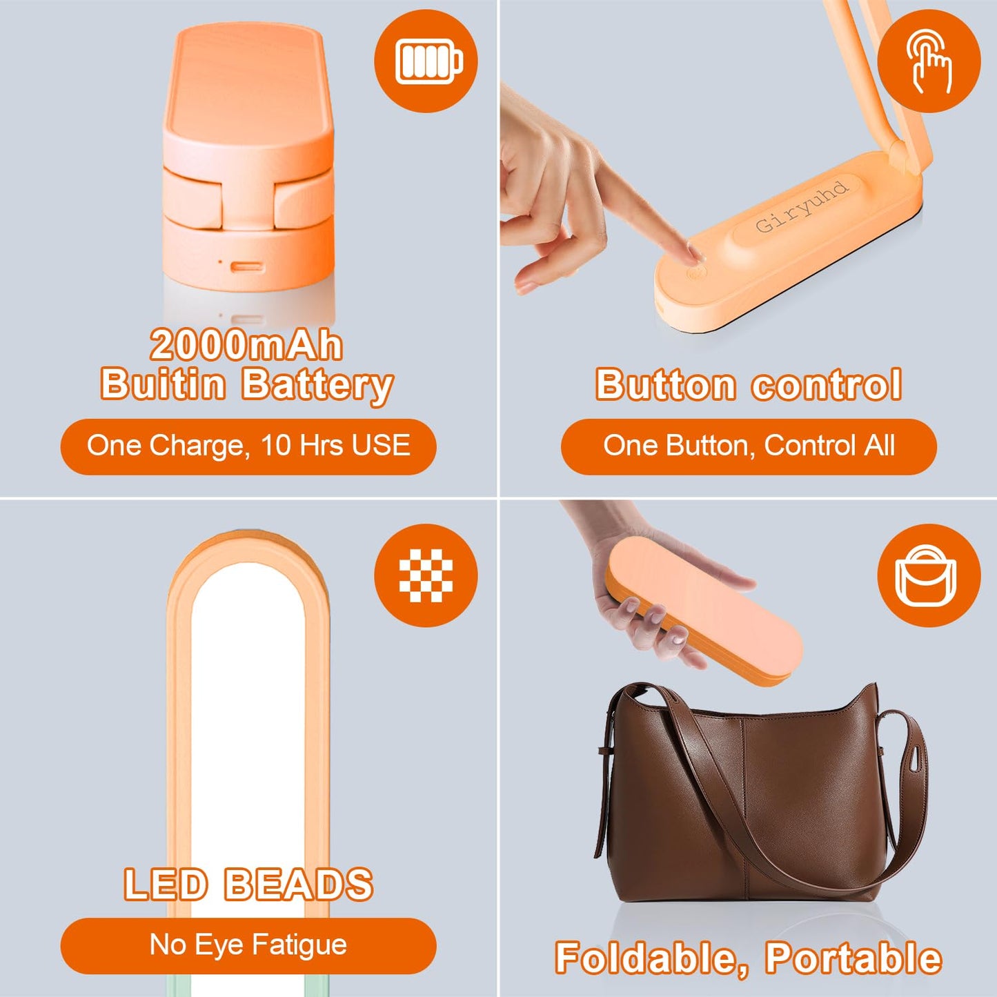 Giryuhd LED Desk Lamp for Office Home & Battery Operated Lamp Rechargeable Lamp Foldable & Portable Light, LED Desk Light Strip, 3 Brightness Dimmable Small Desk Lamp Reading Lamp (Orange)
