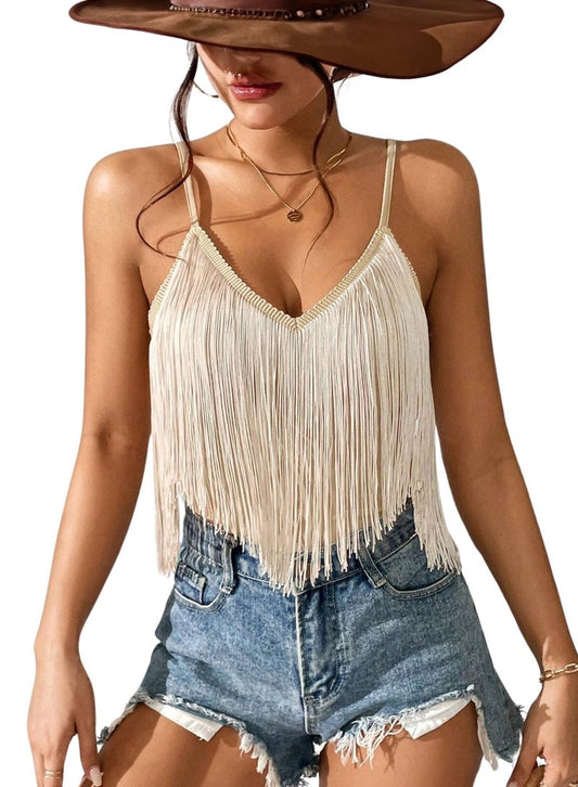 Womens Western Cowgirl Fringe Top - Country Concert Outfits Festival Tassel Hem Boho Rodeo Cowboy Rave Tank Shirt(Khaki,M,10742a)