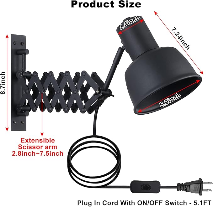 COSYLUX Industrial Plug in Wall Sconces for Bedroom Bedside, Vintage Extended Swing Arm Wall Lamp with Plug in Cord, Modern Wall Mounted Reading Lighting Fixture for Living Room, Black