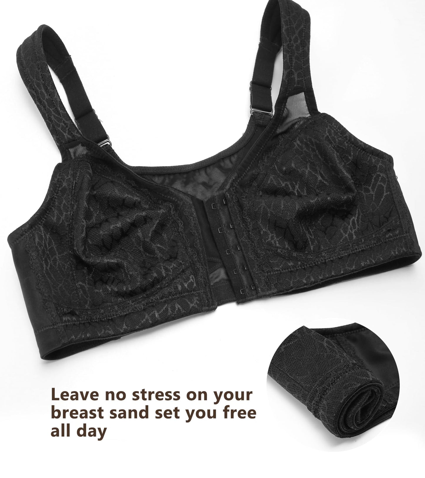 DotVol Women's Full Figure Front Closure Wirefree Jacquard Back Support Posture Bra(Black,44DDD)