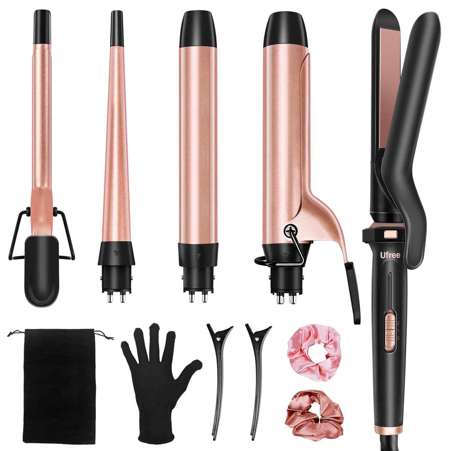 Birthday Gifts for Women, Ufree 5 in 1 Curling Iron with Interchangeable Ceramic Barrels (0.35"-1.25"), Curling Wand Set with Flat Iron Hair Straightener, Instant Heat Up, Dual Voltage Hair Curler