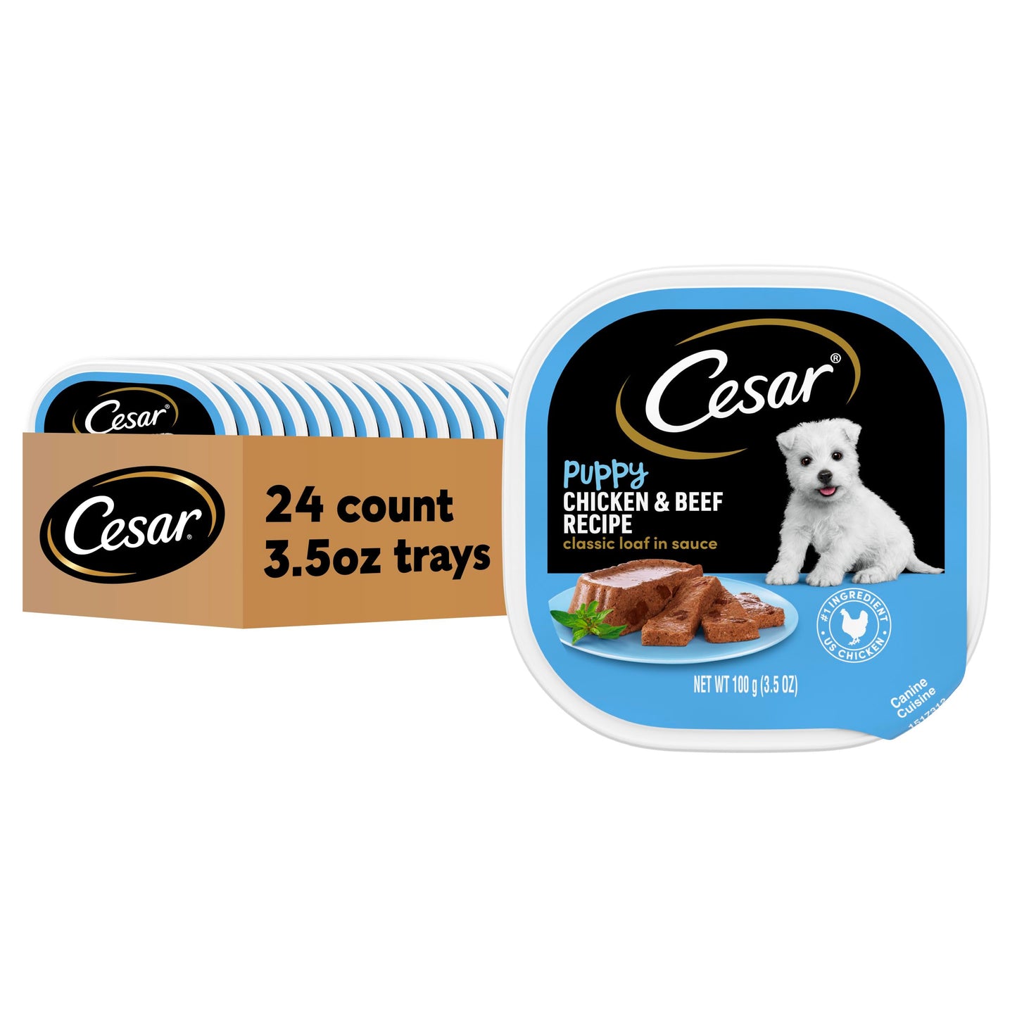 Cesar Puppy Wet Dog Food Classic Loaf in Sauce Chicken & Beef Recipe, 3.5 oz. Easy Peel Trays (24 Count, Pack of 1)