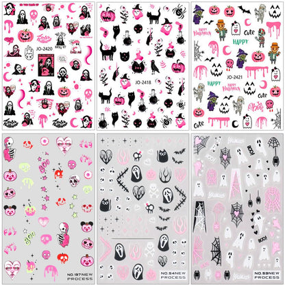 Halloween Nail Stickers, Halloween Nail Art Decals 3D Self-Adhesive Pink Ghost Skull Spider Pumpkin Nail Design DIY Holiday Nail Decoration for Party (6 Sheets)