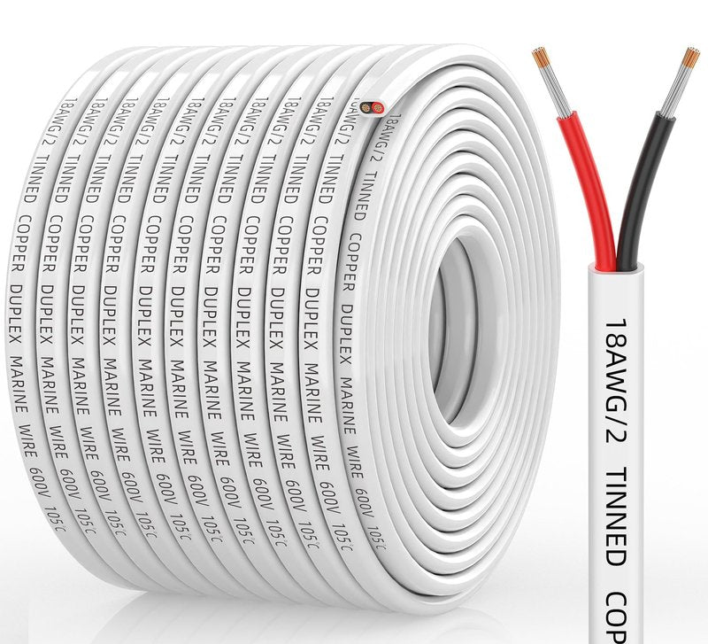 CONEPY 18 Gauge Marine Wire, 18/2 Duplex Marine Grade Cable, IP68 Waterproof/Oxygen-Free Tinned Copper Stranded PVC 18 AWG Wire for Boat, Automotive, RV, Solar, LED Strips (100FT)