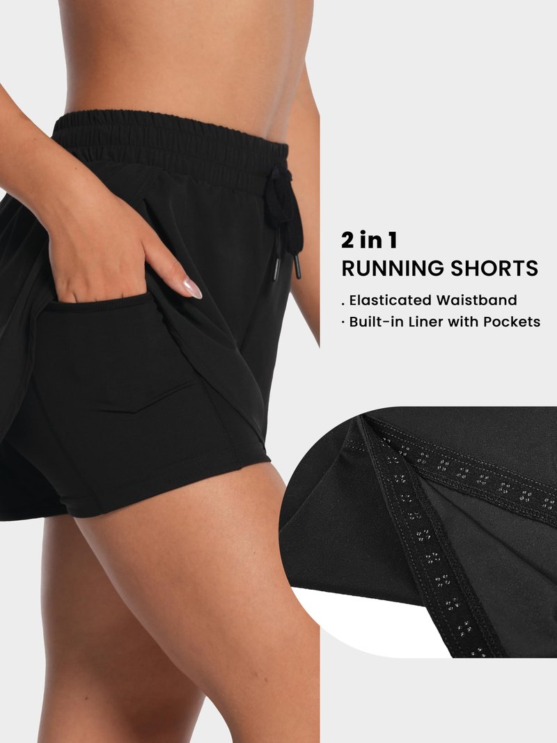 Sunzel 2 in 1 High Waist Running Shorts for Women Quick Dry Elastic Athletic Shorts with Pocket and Drawstring Workout Summer Black Medium
