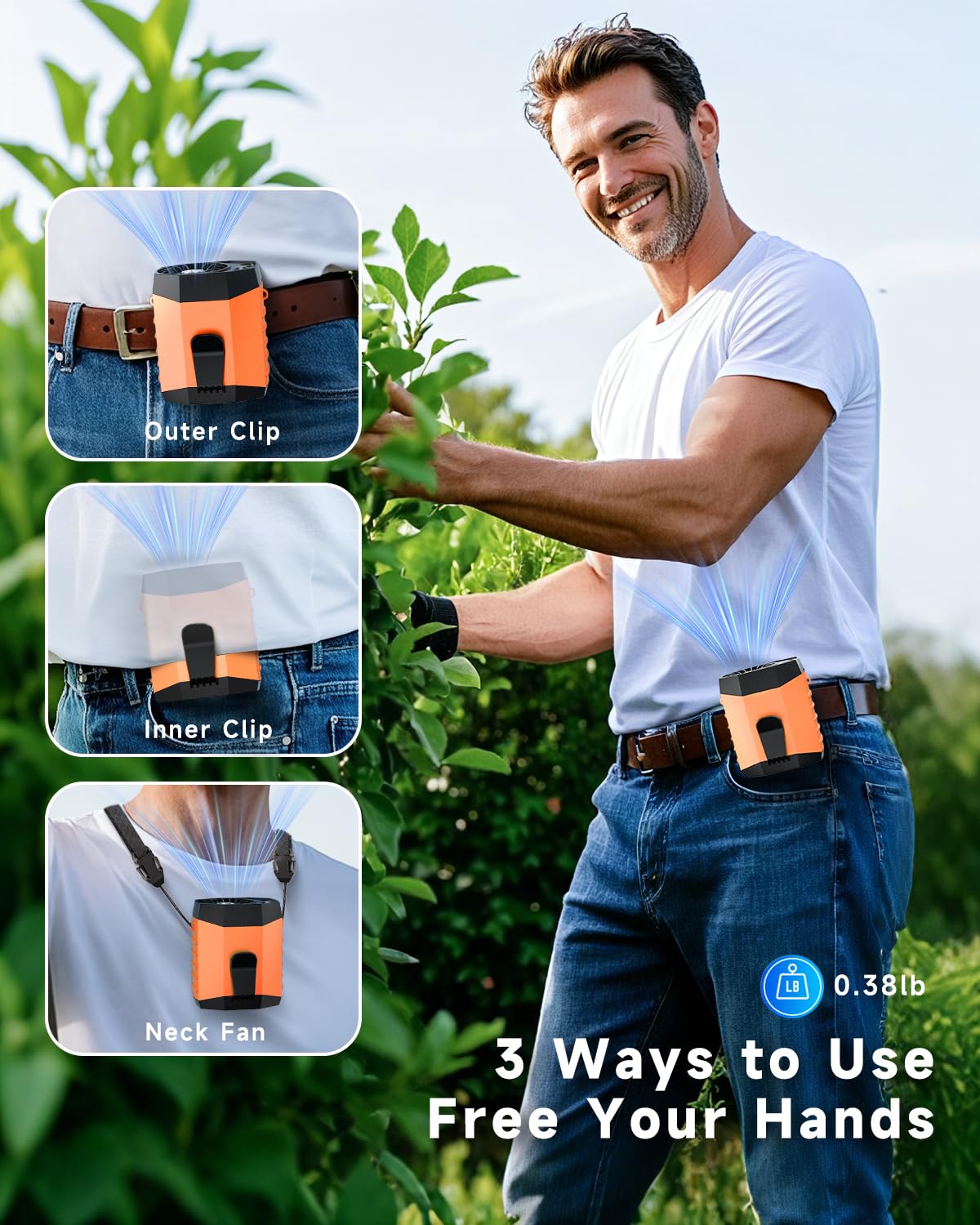 JKBOOM 2025 Smart Portable Rechargeable Fan with LED Light & 25H Runtime, 4-Speed 9200RPM Turbo Cooling Personal Waist Fan, Wearable Neck & Belt Clip for Camping, Outdoor, Hiking - Orange