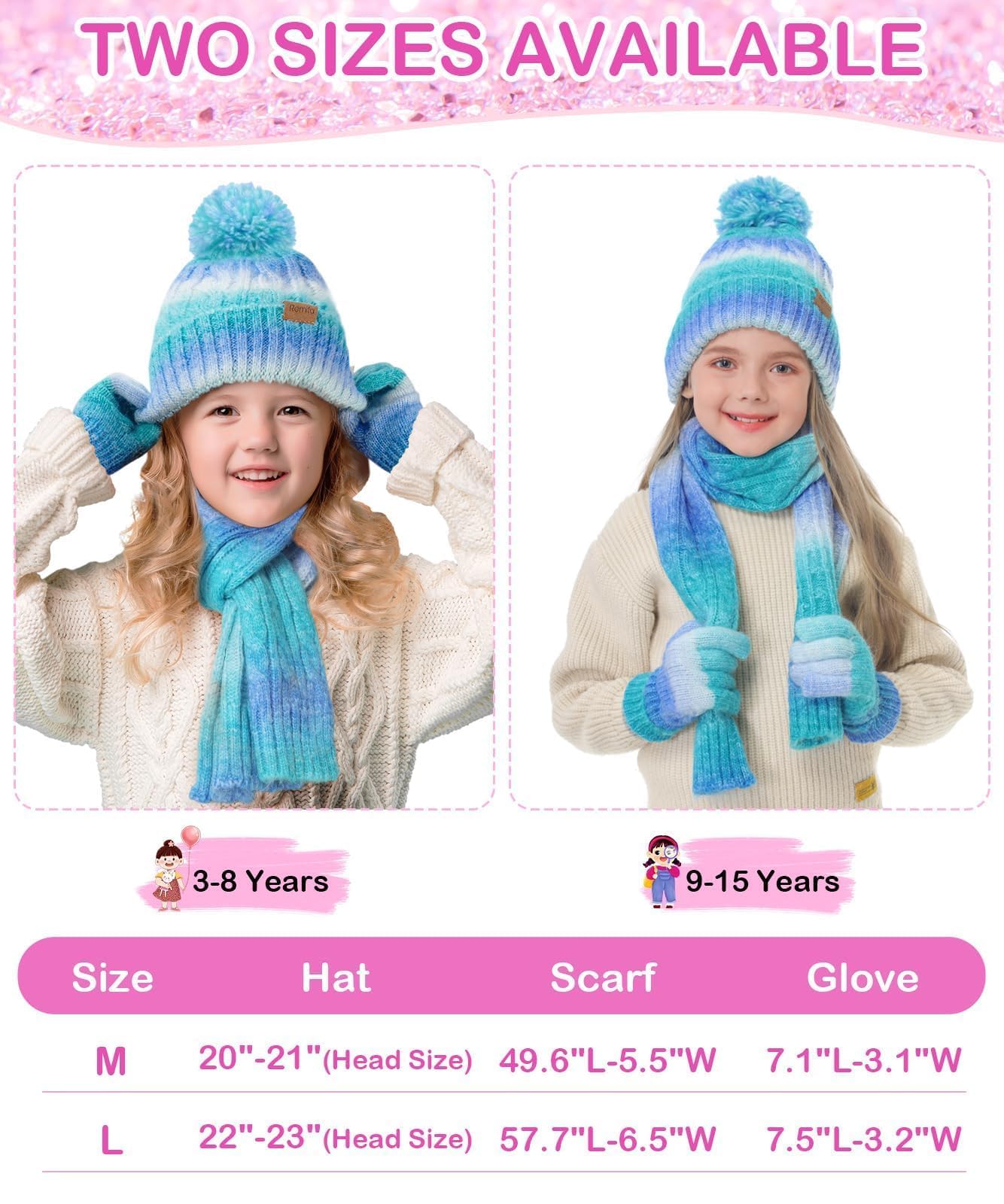 Kids Winter Hat Scarf Gloves Set, Girls Boys Toddler 8% Wool Warm Fleece Lined Pom Pom Beanie Hat Knit Neck Scarf Soft Thick Mittens Gloves for Cold Weather 3 In 1 Birthday Christmas Gift for Children