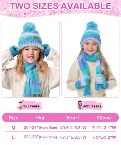 Kids Winter Hat Scarf Gloves Set, Girls Boys Toddler 8% Wool Warm Fleece Lined Pom Pom Beanie Hat Knit Neck Scarf Soft Thick Mittens Gloves for Cold Weather 3 In 1 Birthday Christmas Gift for Children