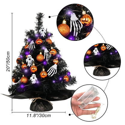 20" Mini Halloween Tree Black Tree Artificial Mini Halloween Tree with Purple LED Lights, Orange Balls Ornaments, Skeleton Hand and Ghost Decorations for Halloween Tabletop Decoration