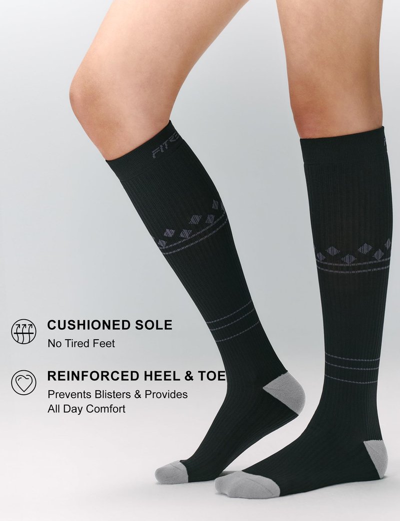 FITRELL 3 Pairs Compression Socks for Women and Men 20-30mmHg- Support Socks for Travel, Running, Nurse, Knee High, Blackstar, Black+White+Grey S/M