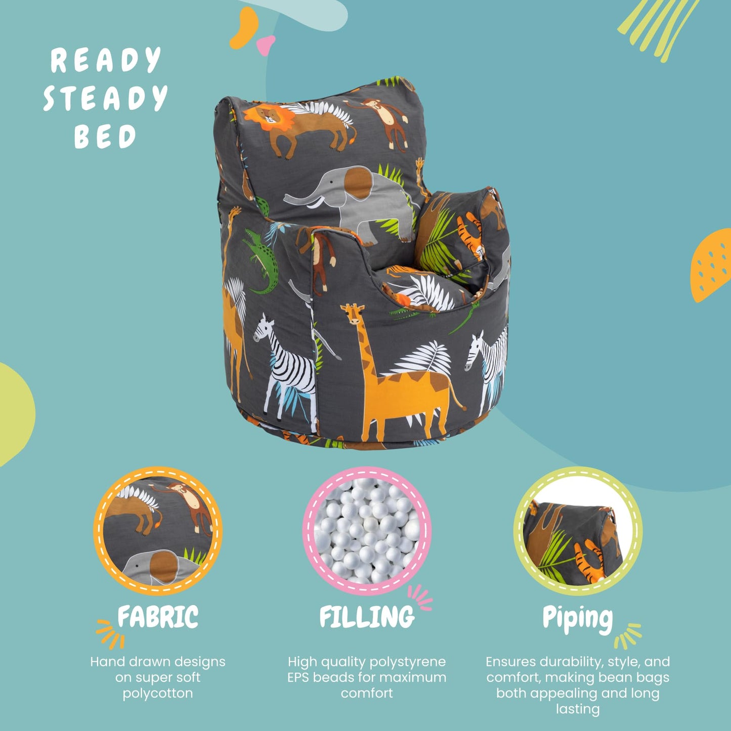 Ready Steady Bed Kids Toddler Armchair | Comfy Children Furniture | Soft Child Safe Seat Playroom Sofa | Ergonomically Designed Bean Bag Chair | Polyester, Cotton | Lightweight (Africa)