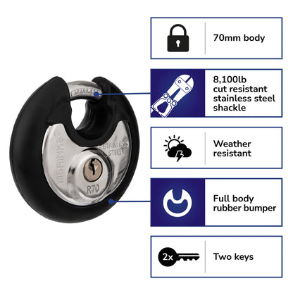 Brinks 673-70201 70mm Commercial Discus Lock with Stainless Steel Shackle, 2-Pack