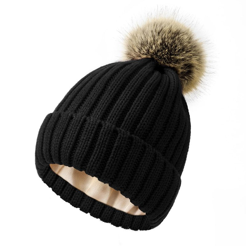 Zando Black Winter Satin Lined Beanie Hats for Women - Cute Pom Pom Beanie, Warm Winter Hat with Hair Protection, Thick Knit Beanies, Fashionable Stocking Cap for Outdoor Travel Daily Wear One Size