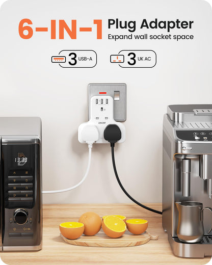 LENCENT Plug Extension Socket, 3 Way Multi Plug Socket with 3 USB Ports, Power Extender Wall Adaptor for Household Appliances, Iphone, Smartphone, Tablet, Home, Office, Bedroom, 13A 3250W