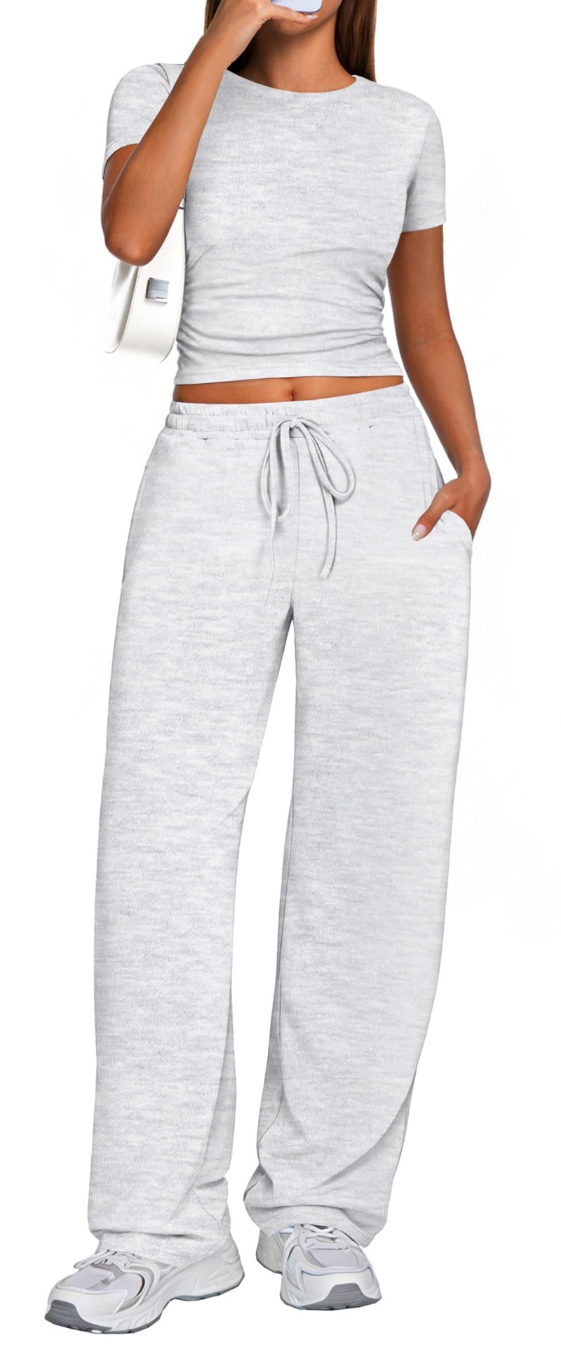 Kivdol 2 Piece Matching Summer Sweatsuit Lounge Set Womens Wide Leg Pants Side Ruching Crop Top Sets
