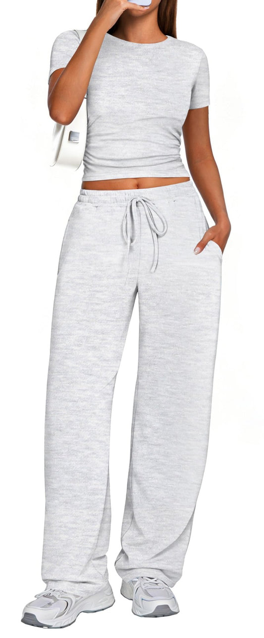 Kivdol 2 Piece Matching Summer Sweatsuit Lounge Set Womens Wide Leg Pants Side Ruching Crop Top Sets