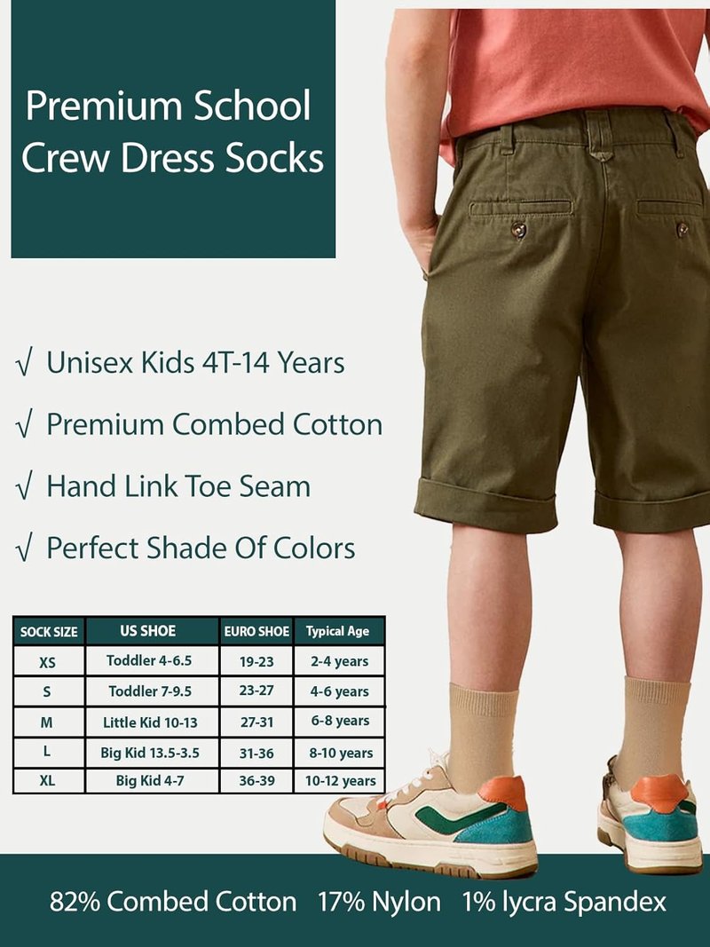 Unisex Kids Crew Dress Socks - Soft Cotton Seamless Toe | 6 Pack in Black, White, Gray, Navy