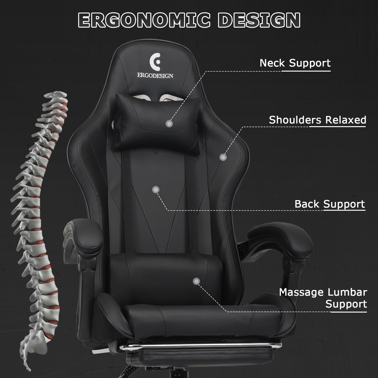 ErgoDesign Gaming Chair with Linkage Armrest & Footrest, High Back Video Gaming Chair, Black