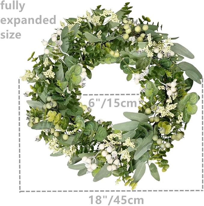 Spring Wreaths for Front Door 18" Eucalyptus Wreath and 56" x 4.5" Sash Decor Green Leaves Decorations Outside
