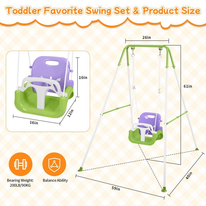 3-in-1 Toddler Swing, Foldable Indoor & Outdoor Baby Swing, Multifunctional Swings for Children 6 Months and Older, Easy to Assemble and Store for Backyard Play (Purple)