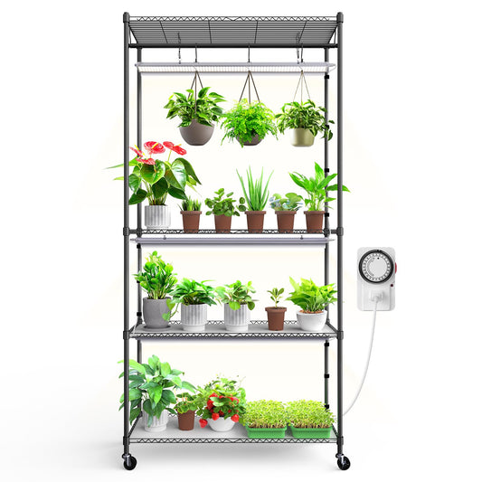 Barrina CX3 Plant Stand with Grow Light, 4-Tier, 3FT 5000K, 108W Full Spectrum Indoor DIY Plant Shelf with Lights, Flower Pot Display Rack, Greenhouse, Wheel, Mechanical Timer, 35.4"x13.8"x70.9"