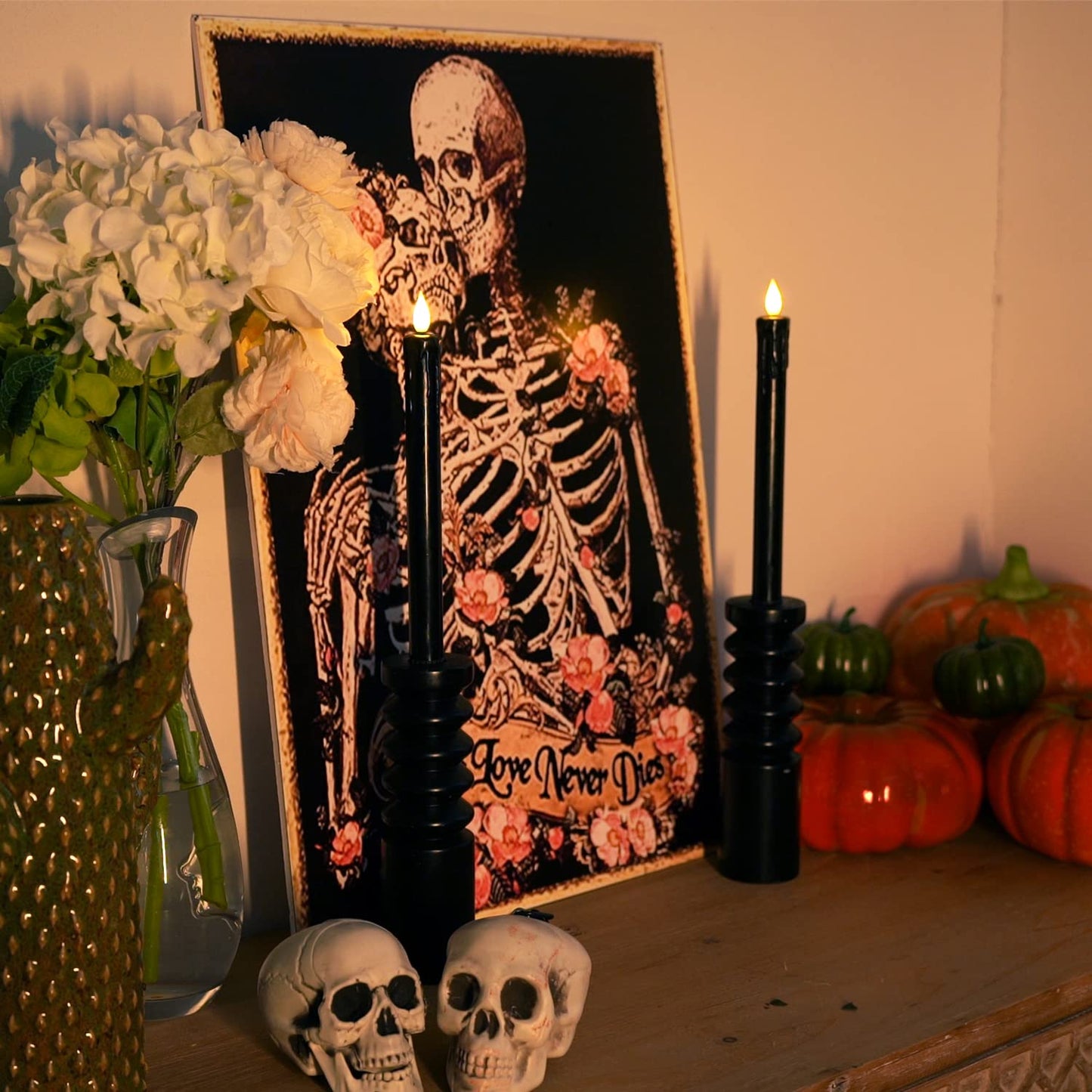 Homemory Black Flameless Taper Candles with Remote and Timer, Real Wax LED Taper Candles Battery Operated, Flickering Candle Sticks for Party Halloween Indoor Decoration, 6 Pcs, 9.6 inches