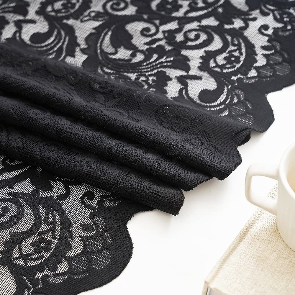 Black Lace Kitchen Curtains Tier and Valance Set 3 Pieces Elegant Gothic Cafe Curtains with Valance 36 Inch Length Rod Pocket Witchy/Skull /Halloween Decor for Laundry Room Bathroom RV, 52" x 36"