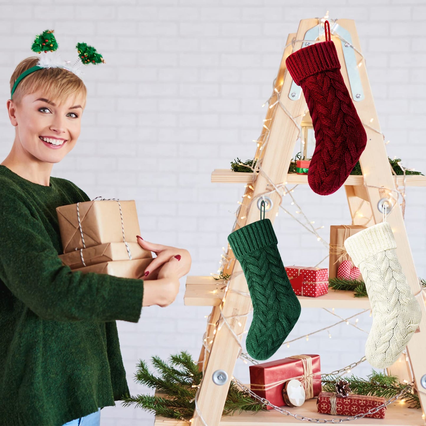 Kunyida 18 Inches Burgundy, Ivory, Green Knitted Christmas Stockings,6 Pack