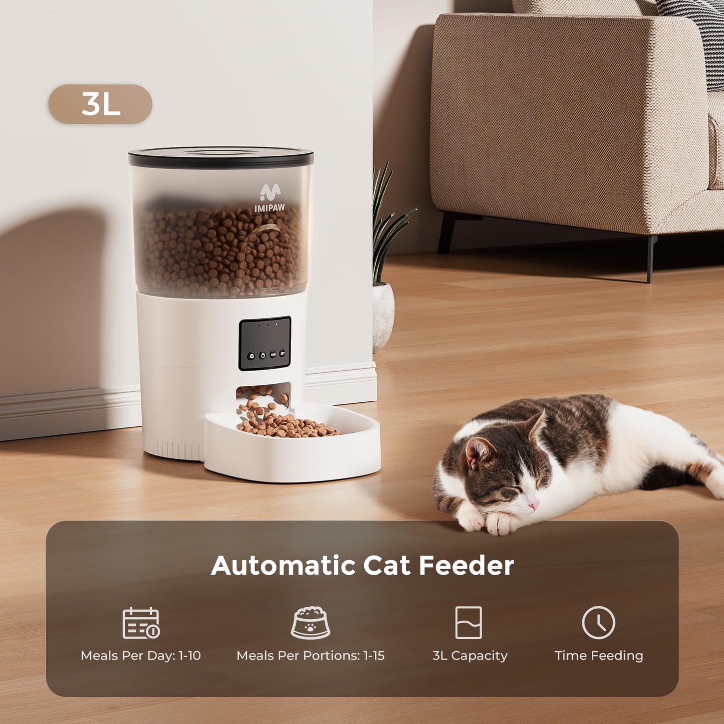 IMIPAW Automatic Cat Feeder - 3L Pet Dry Food Dispenser with Timed Programmable Portion Control, Dual Power Backup, Easy Set Up, 10 Meals Per Day for Cats and Puppies（Remote Not Supported）