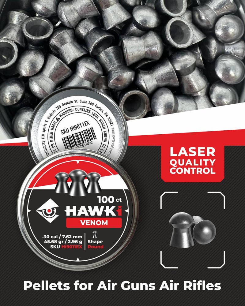 Hawki Airgun Pellets Round Shape .30 Cal / 7.62mm Caliber (45.68 gr/2.96 g) 100 ct Hi9011EX (Round Shape, Premium Series) | Designed for Hunting
