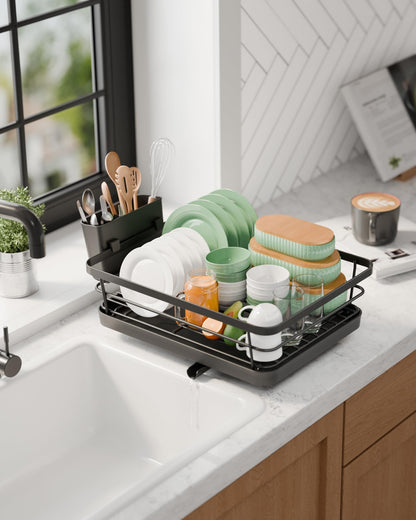 Kitsure Dish Drainer Rack- Space-Saving Dish Drainer, Dish Racks for Kitchen Counter, Stainless Steel Kitchen Drying Rack with a Cutlery Holder, Large, Black