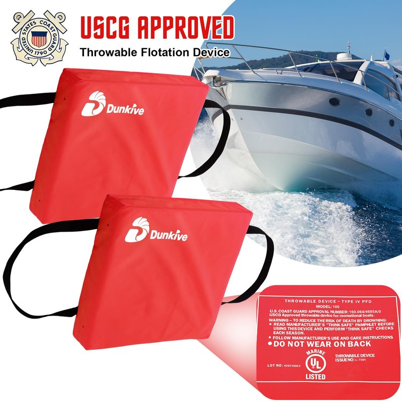 Dunkive 2 Pack Boat Throw Flotation Cushion, USCG Approved, Emergency Marine Throwable Flotation Device, Foam Boat Cushions Life Preserver, Throw Cushions for Boats, Kayaks, Canoes(Red)