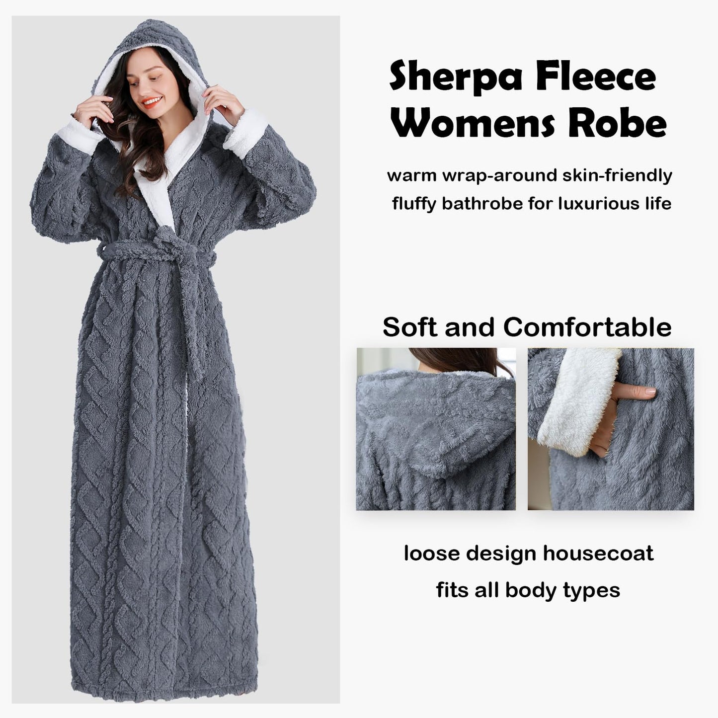 Oksun Womens Long Dressing Gown Robe Full Length Ladies Fluffy Plus Size Fleece Hooded Winter Warm Bathrobe (Grey,XL)