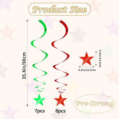BEISHIDA Red Green Star Hanging Swirl Christmas Decorations Ceiling Hanging Party Supplies for Christmas Birthday Wedding Decorations, Pack of 15