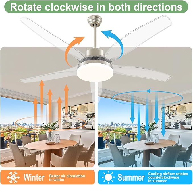 OKELI 58" Smart Ceiling Fan with Light, WiFi Enabled for Alexa & App Control, Reversible Brushed Nickel Modern Ceiling Fan with Dimmable LED Light and Remote, Clear Blades for Living Room Bedroom