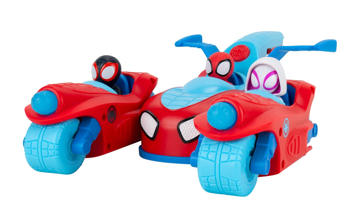 Jazwares Marvel Spidey and His Amazing Friends Spidey Team Split Racer - 8.5-Inch Three-in-One Vehicle with Web Darts, Sound Effects, and Phrases