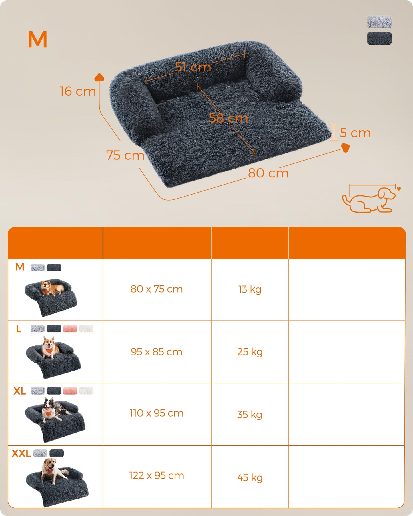 Feandrea FluffyHug Dog Sofa Bed, Pet Bed, Dog Sofa Cover, Calming Dog Bed, M, for Small and Medium Dogs, 80 x 75 x 16 cm, Dark Grey PGW221G02