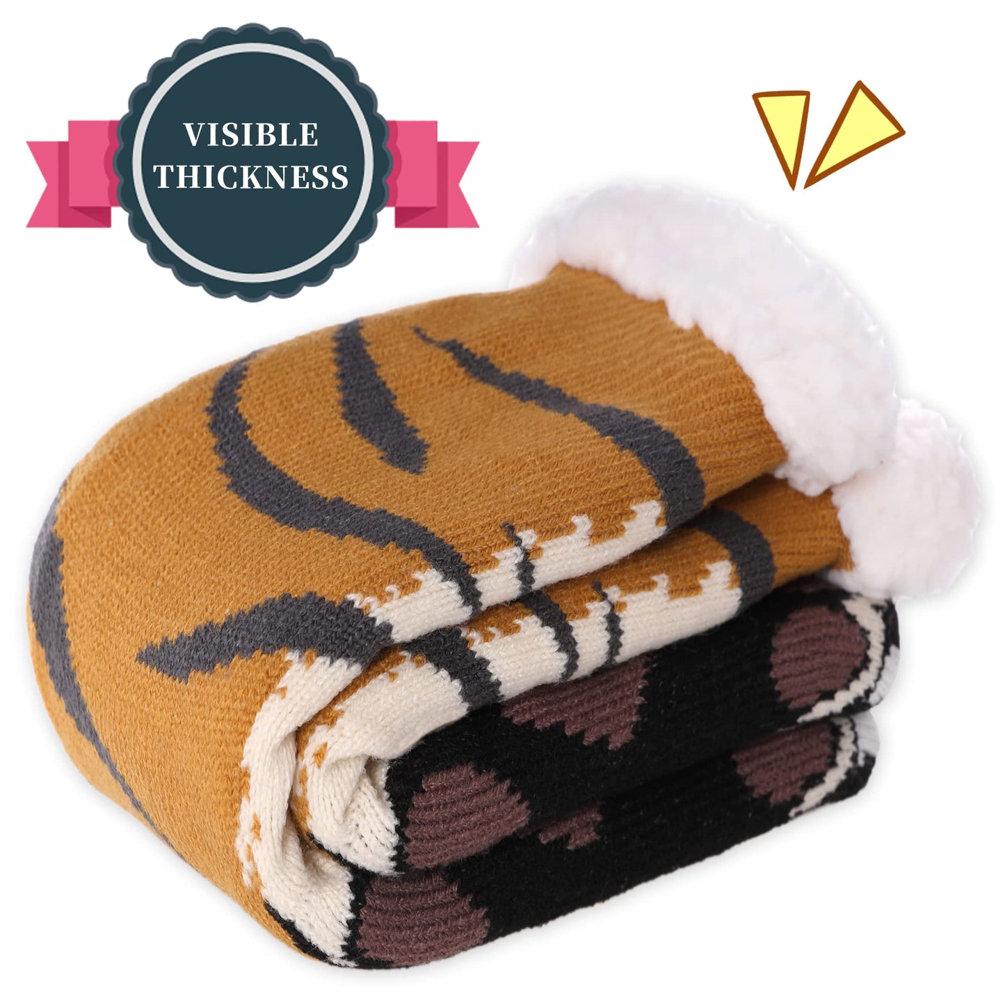 SDBING Mens Slipper Socks with Grippers Winter Warm Cozy Thick Fuzzy Indoor Fluffy Home Socks (Tiger Paw, 6-10)
