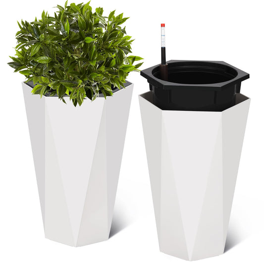 STMHOM 22.4 Inch Tall Planters for Outdoor Indoor Plants Set of 2, Tapered Large Flower Pots with 2 Trays and a Water Level Monitor Planter Pots, Plant Pot for Patio, Balcony, Lounge