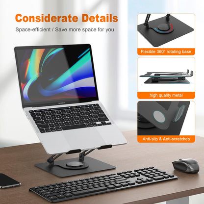 GRIFEMA Laptop Stand for Desk, Foldable Laptop Riser with 360° Swivel Base, Adjustable Height & Angle, Ventilated Computer Stand Compatible with MacBook Air/Pro, Dell, and 11-17" Laptops - Black