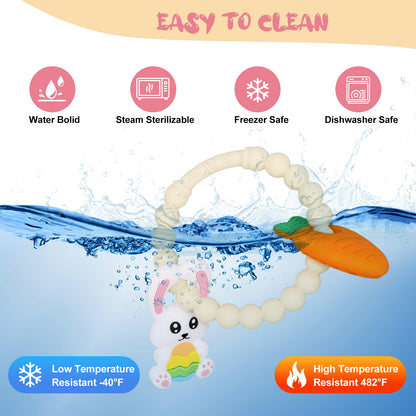 Easter Baby Teething Ring Toys – Bunny Easter Egg & Carrot Teethers for Newborns, Infants & Toddlers – Sensory Chew Bracelet for Teething Relief – Perfect Baby’s First Easter Basket Stuffers