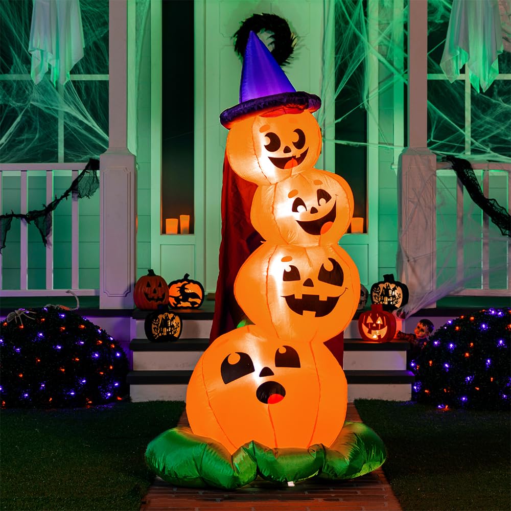 Joiedomi 6 FT Halloween Inflatables Outdoor Decorations, Blow Up Yard Decorations Inflatable Pumpkins with Witch Hat with Build-in LEDs, Stacked Pumpkins Blow Ups for Yard, Halloween Decor